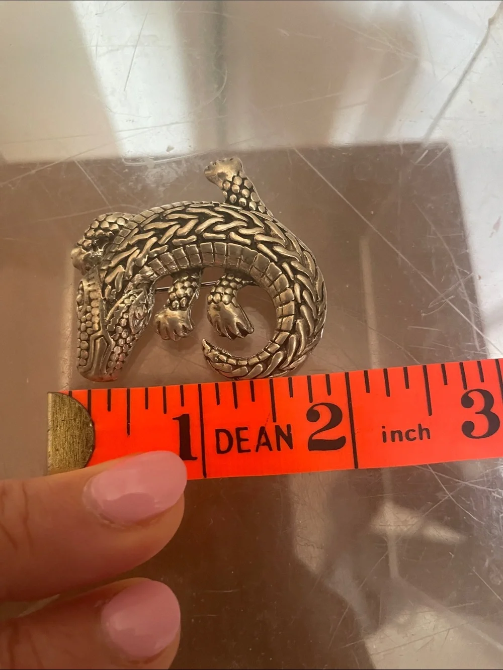 Silver Crocodile Reptile Figurine Brooch - stamped .925